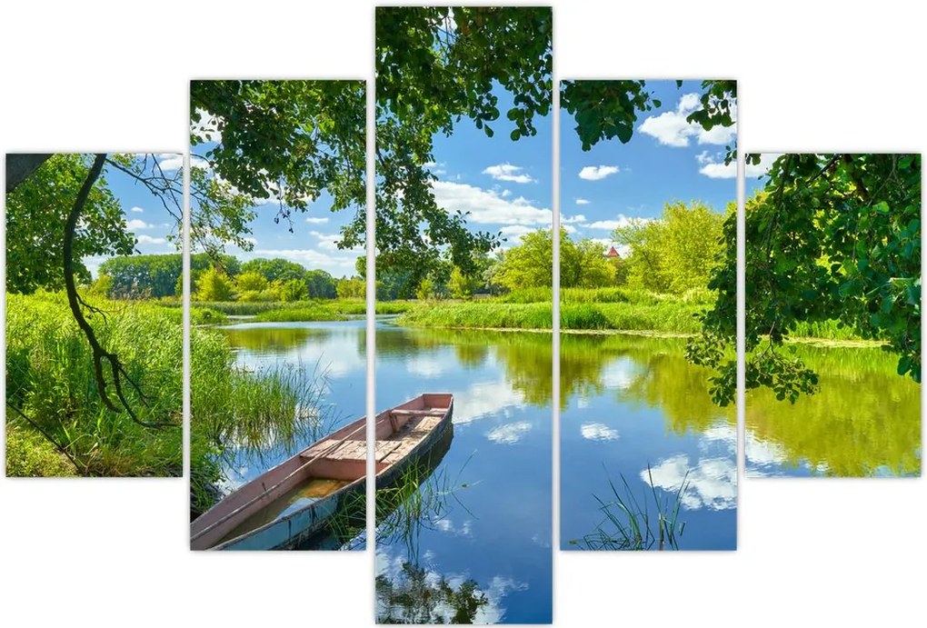 Tablou cu râu de vară și barcă (150x105 cm)
