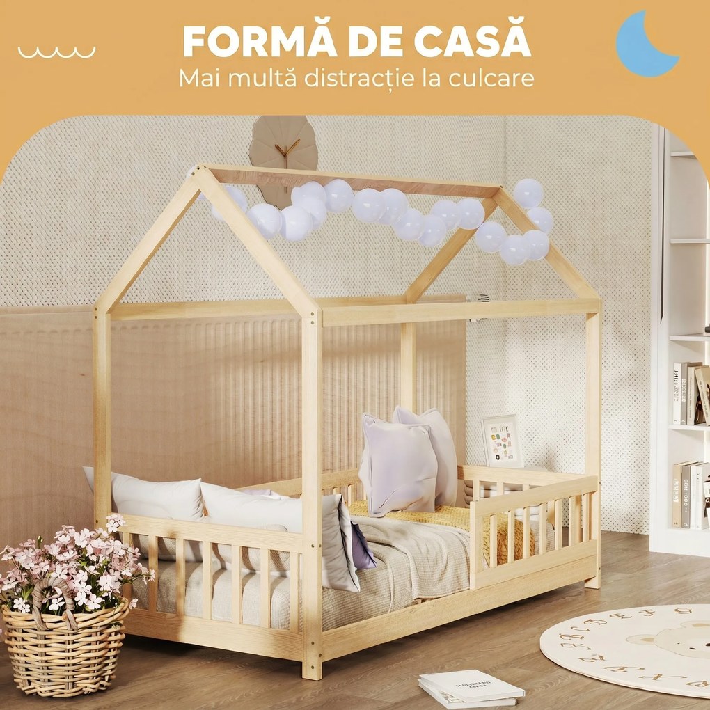 HOMCOM Pat pentru Copii din Lemn de Pin, 96x195x165 cm, Culoare Lemn | Aosom Romania
