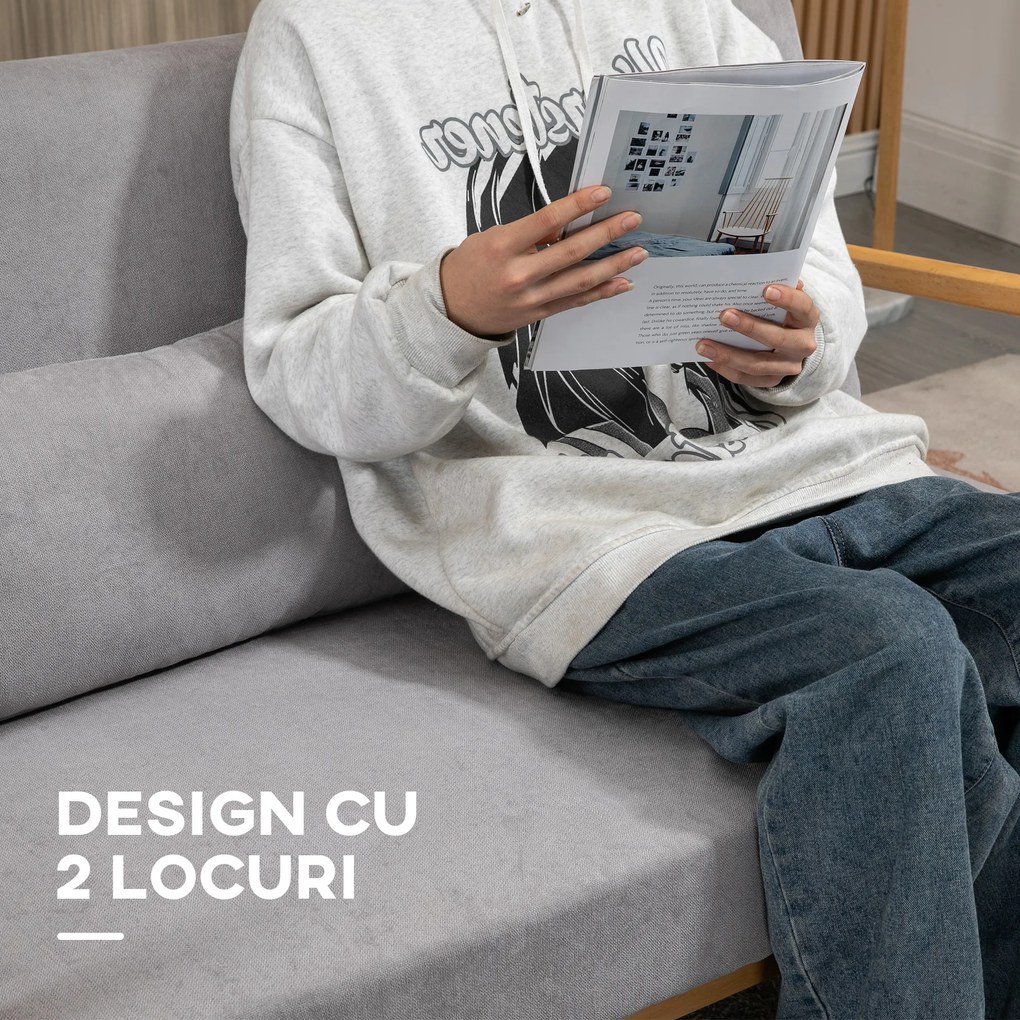 Canapea cu 2 locuri moderna din Lemn cu perne, tasatura cu efect de catifea, 122x71x76 cm, Gri HOMCOM | Aosom Romania