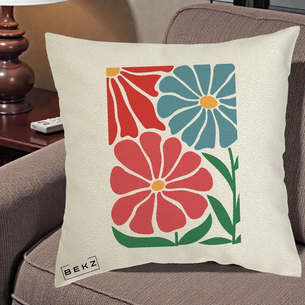 Perna Decorativa Flori Grafice Rosu-Albastru, 40x40 cm, Ecru, Husa Detasabila, Perna Inclusa, BEKZ®