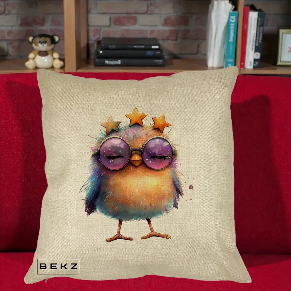 Perna Decorativa Pui Pop Star cu Ochelari Stele Violet, 40x40 cm, Crem, Husa Detasabila, Perna Inclusa, BEKZ®