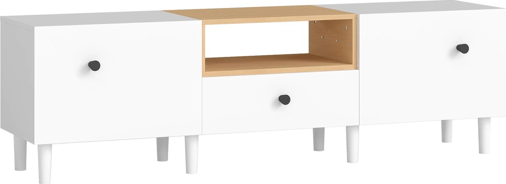 HOMCOM Mobilier TV, Suport TV până la 70" cu 2 Uși Rabatabile, Balamale Soft Close, Sertar, Raft Deschis, 8 Picioare pentru Sufragerie, Dormitor, 150x35x45 cm, Alb și Culoare Lemn | Aosom Romania
