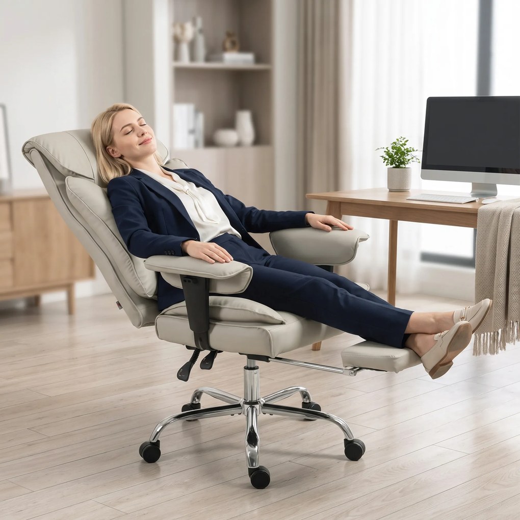 HOMCOM Scaun de Birou Rotativ Rabatabil 135°, Piele Ecologică, Suport pentru Picioare, Cotiere și Înălțime Reglabile, Gri Deschis | Aosom Romania