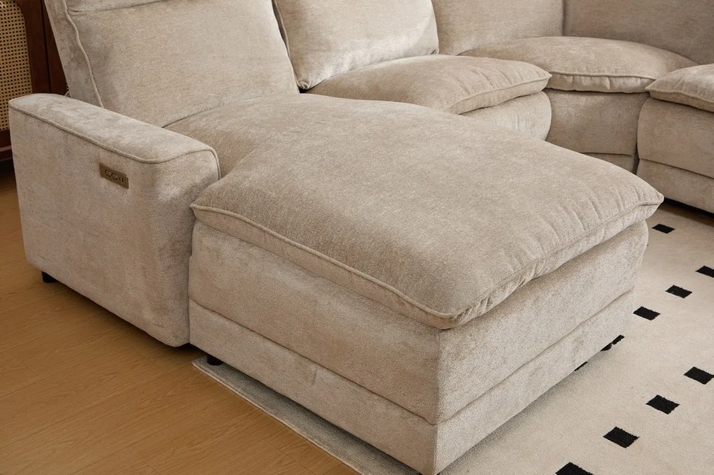 Coltar dumonde cu 3 reclinere electrice, incarcare USB, USB-C, tava, lumini de citit, suport pahare, textil, Vireon 317x347cm