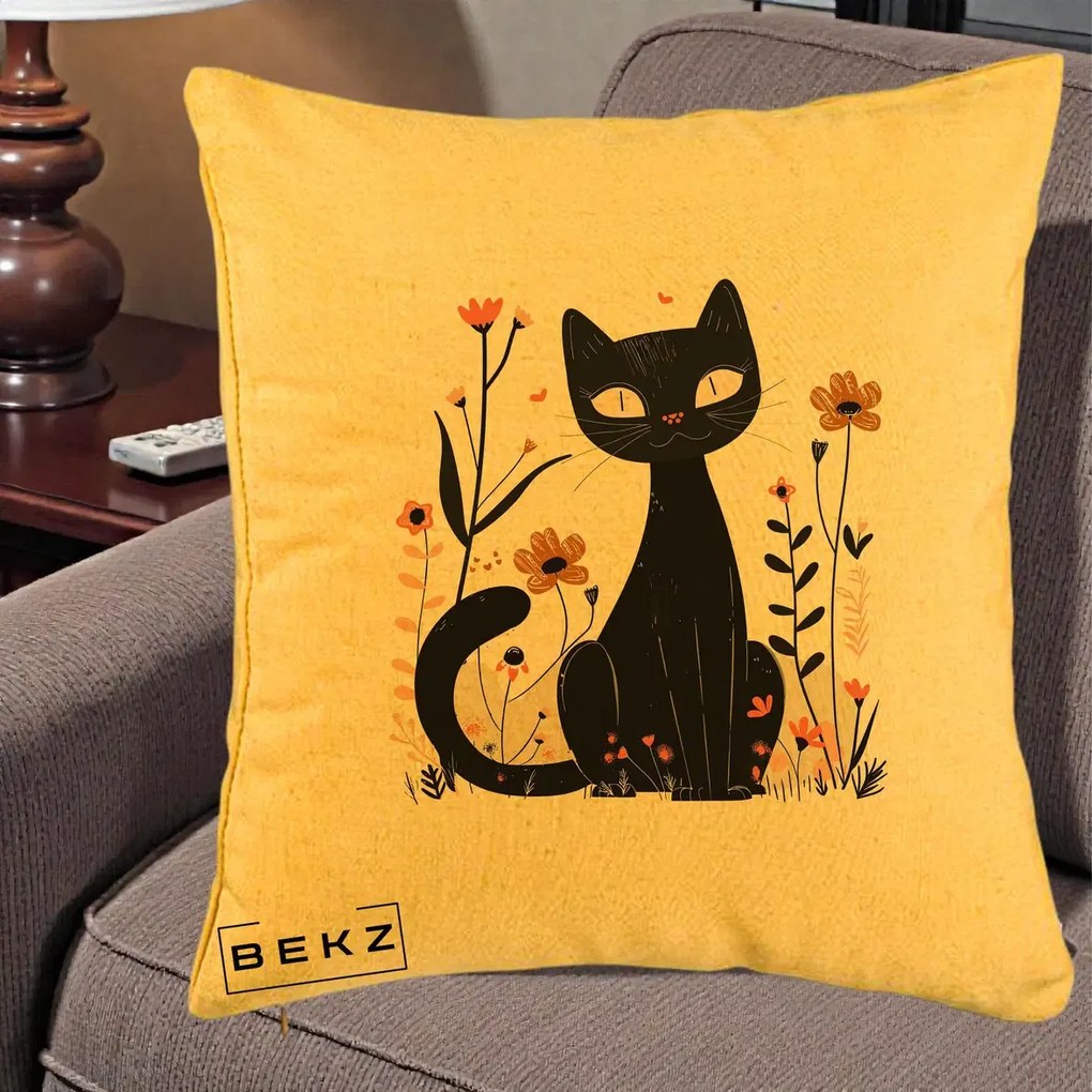 Perna Decorativa Pisica Neagra Flori Pastel Folk, 40x40 cm, Galben, Husa Detasabila, Perna Inclusa, BEKZ®