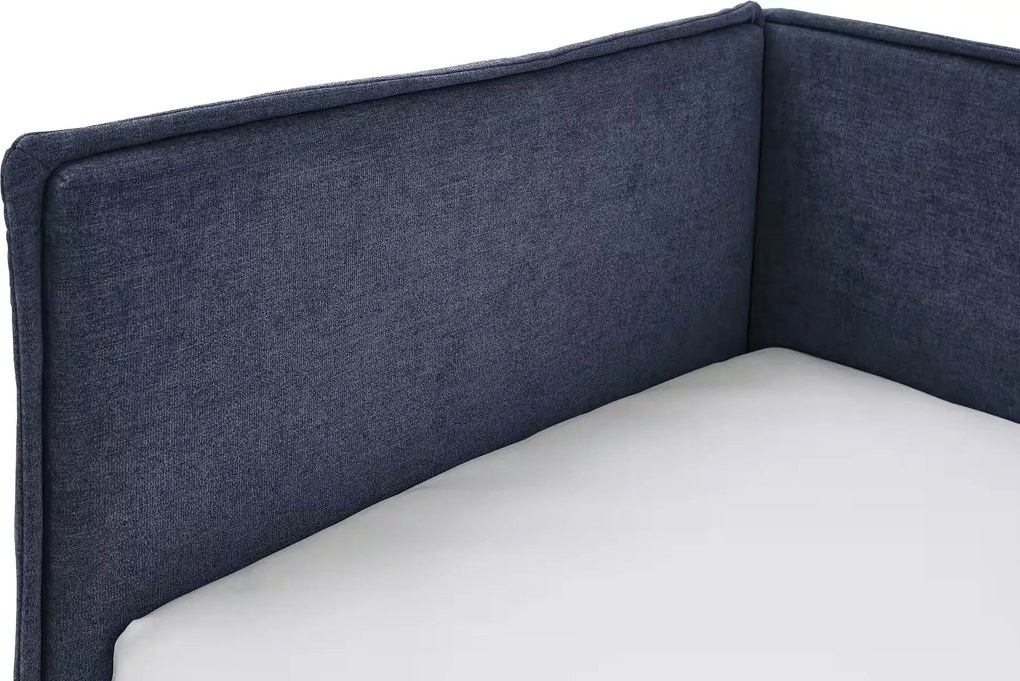 Boxspring tip divan, 90x200 cm, cu lada de depozitare, USB charger, somiera rabatabilă, culoare blug, material țesătură