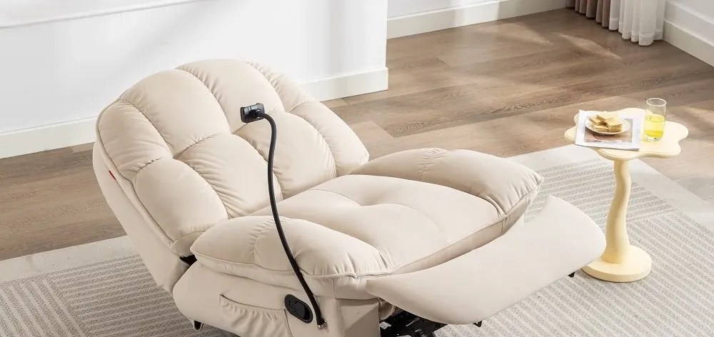 Fotoliu Recliner, suport picioare extensibil, suport telefon, Textil, Alb