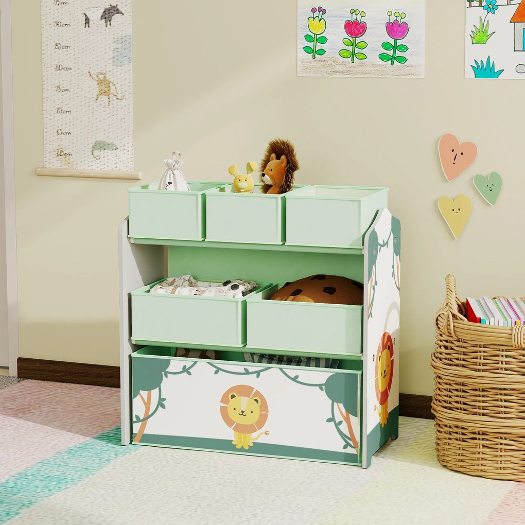 AIYAPLAY Raft pentru Jucării Copii cu 3 Niveluri și 6 Containere Detașabile din Material Textil, Mobilier Organizator pentru Dormitor, Cameră de Joacă și Sufragerie, Verde | Aosom Romania