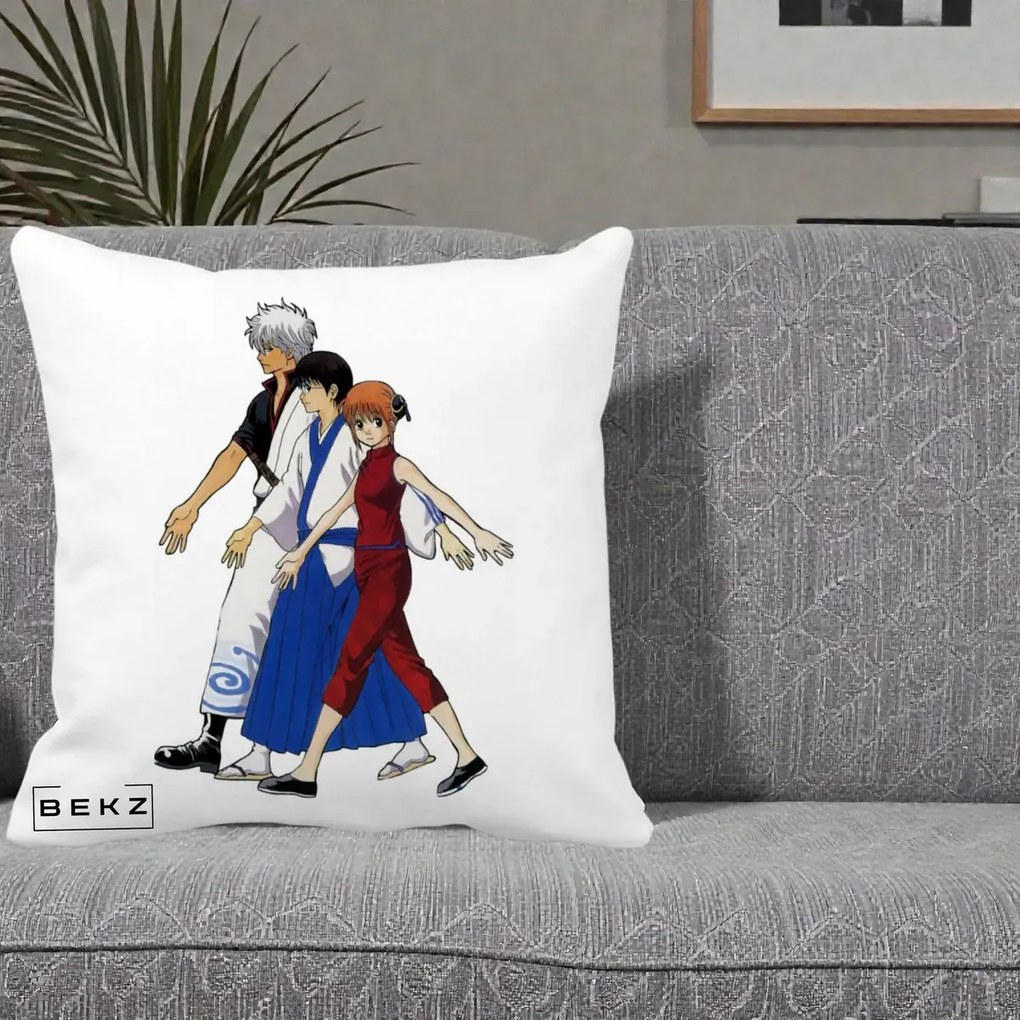 Perna Personalizata Gintama Trio Gintoki Shinpachi Kagura, 40x40 cm, Alba Mata, Husa Detasabila, Perna Inclusa, BEKZ®