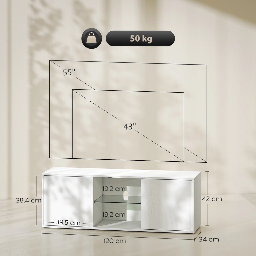 HOMCOM Mobilier Porta TV până la 55", Mobilier TV Suspendat sau pe Podea de 120 cm cu Uși Soft Close, Orificiu pentru Cabluri și Raft din Sticlă, pentru Sufragerie și Salon, Alb Efect Lemn | Aosom Romania