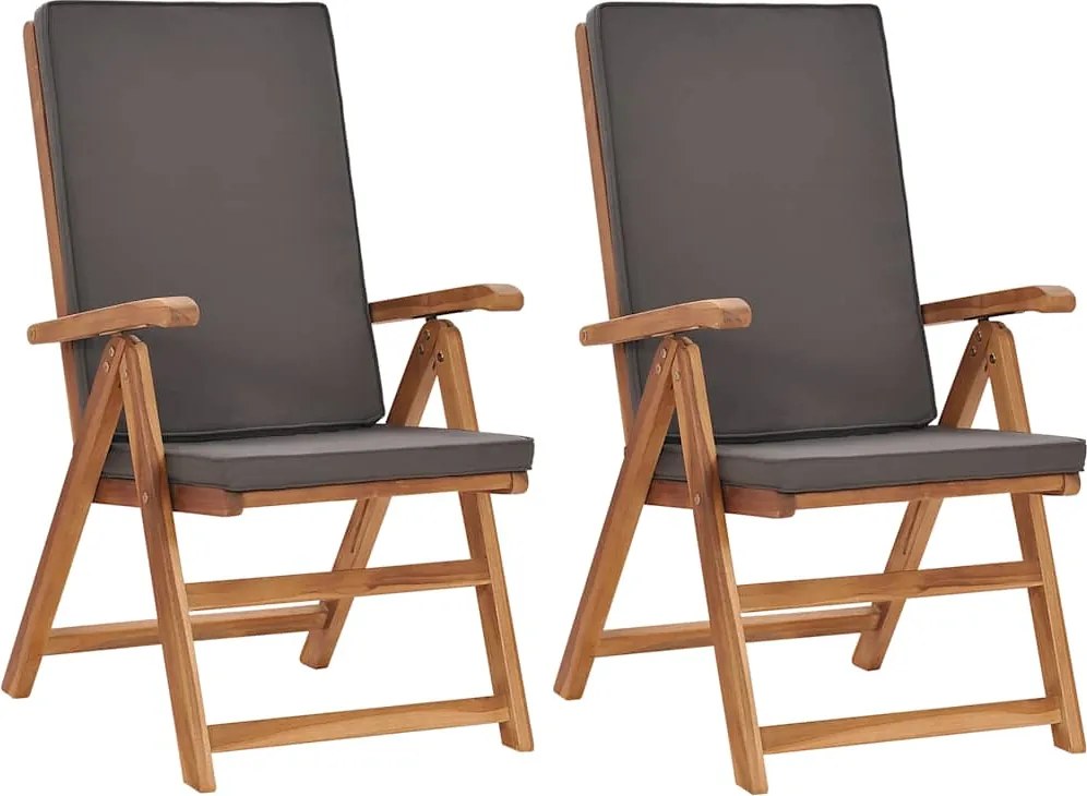 vidaXL Scaune de grădină rabatabile, perne, 2 buc, gri, lemn masiv tec