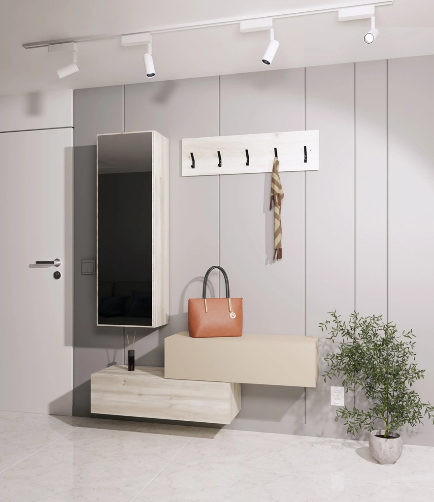 Cuier Diego, Stejar Alb/Crem Satin, 140 x 28 x 180 cm