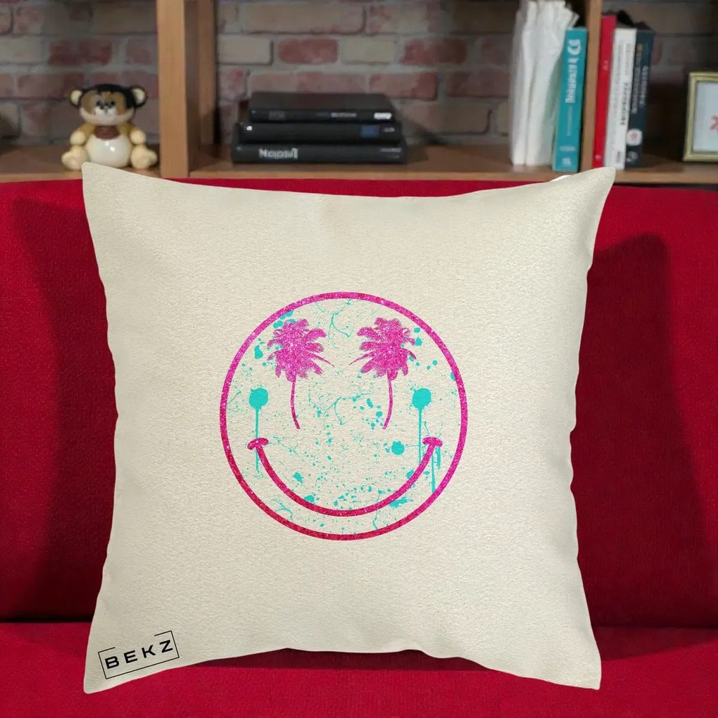 Perna Decorativa Smiley Face Tropical Glitter Roz, 40x40 cm, Ecru, Husa Detasabila, Perna Inclusa, BEKZ®