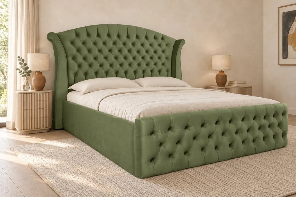 Pat tapițat Chesterfield din catifea Sorella Simple 180×200 cm, kaki, cu ladă de depozitare