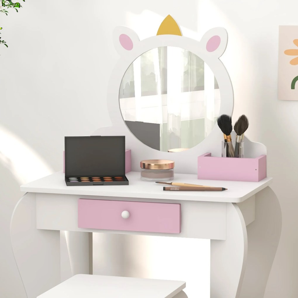 ZONEKIZ Set de Toaletă pentru Fete cu Taburet și Oglindă, Design Unicorn | Aosom Romania