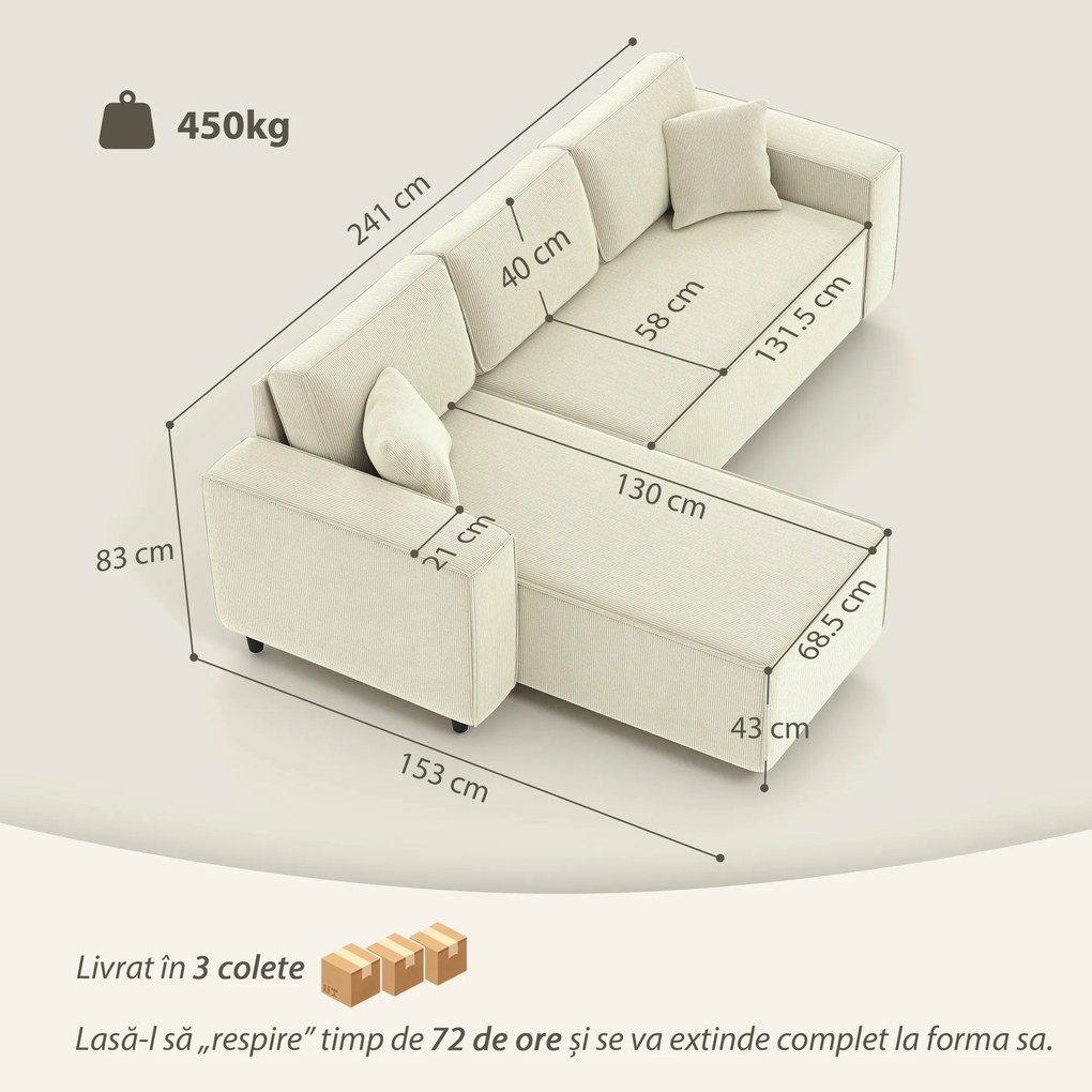 Canapea HOMCOM catifea crem, 3 locuri | Aosom Romania