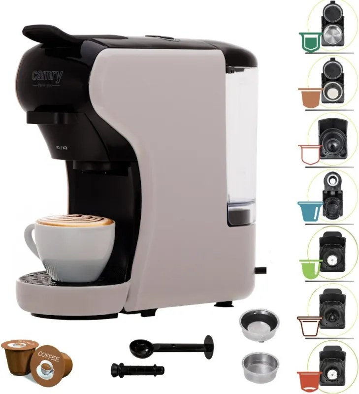Espressor pentru cafea macinata si capsule 9in1 Camry CR 4414, 3000 W, 19 bar, Bej/Negru