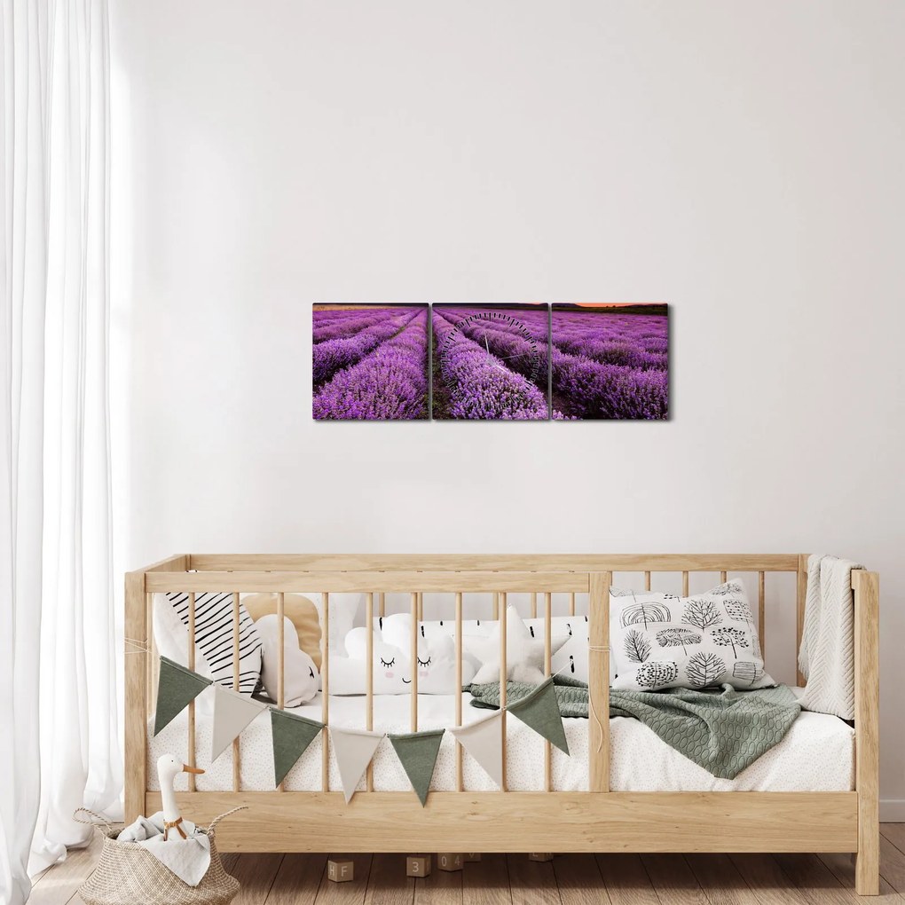 Tablou - Câmp de lavandă la apus de soare (cu ceas) (90x30 cm)
