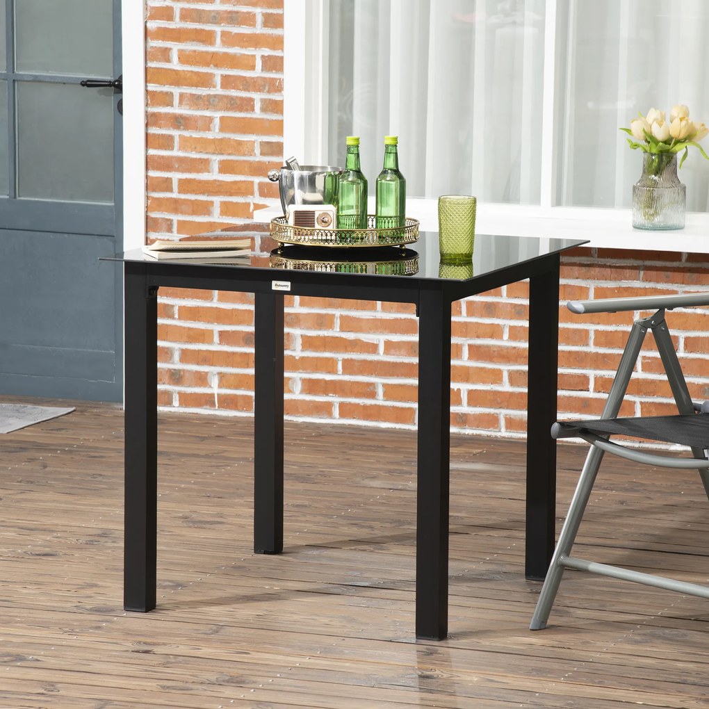 Outsunny Masă de grădină pătrată pentru 4 persoane cu blat din sticlă securizată și cadru din aluminiu 80 x 80 x 74 cm negru | Aosom Romania