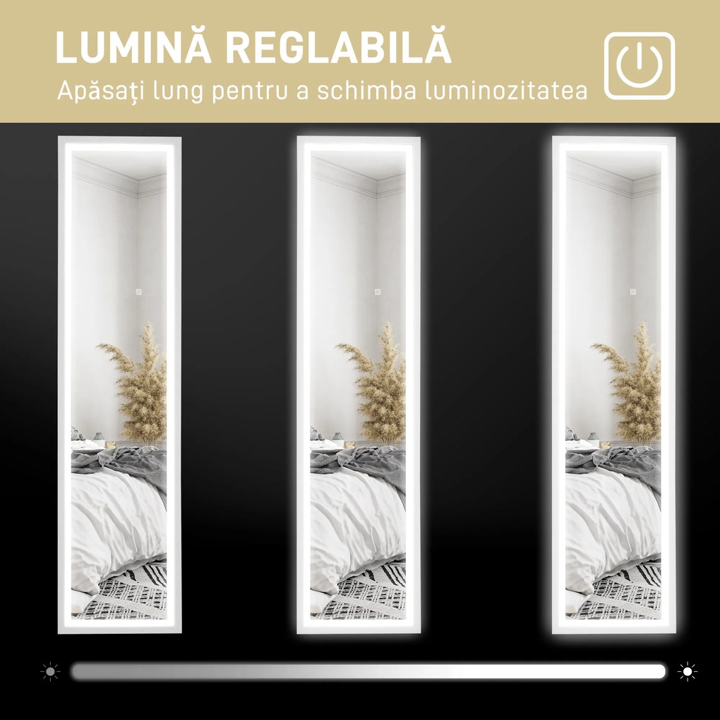 HOMCOM Oglindă Iluminată cu Lumini LED Reglabile și Buton Tactil, din Sticlă și MDF, 40x5x160 cm, Alb | Aosom Romania