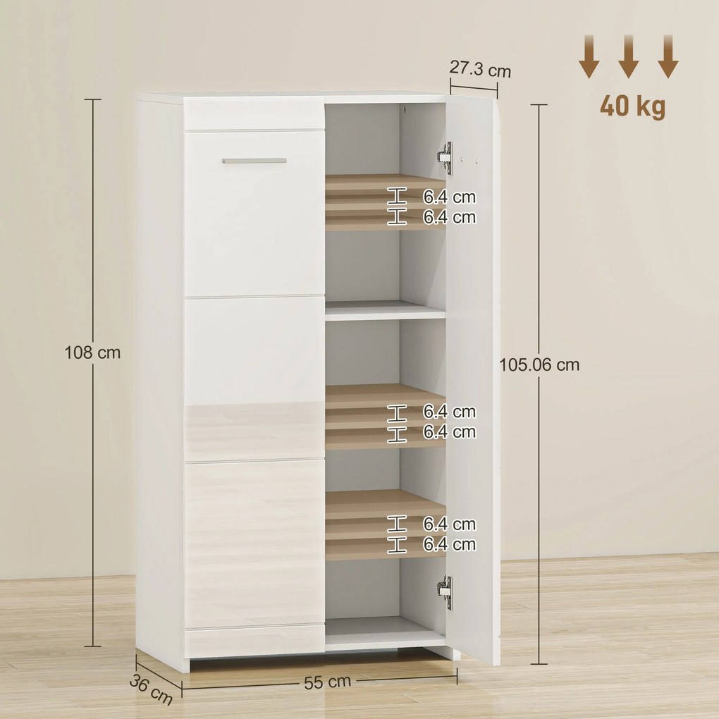 HOMCOM Dulap pentru Pantofi Lucios, Mobilier Modern cu Rafturi Reglabile pentru Hol, Coridor, Capacitate 10 Perechi, Alb | Aosom Romania