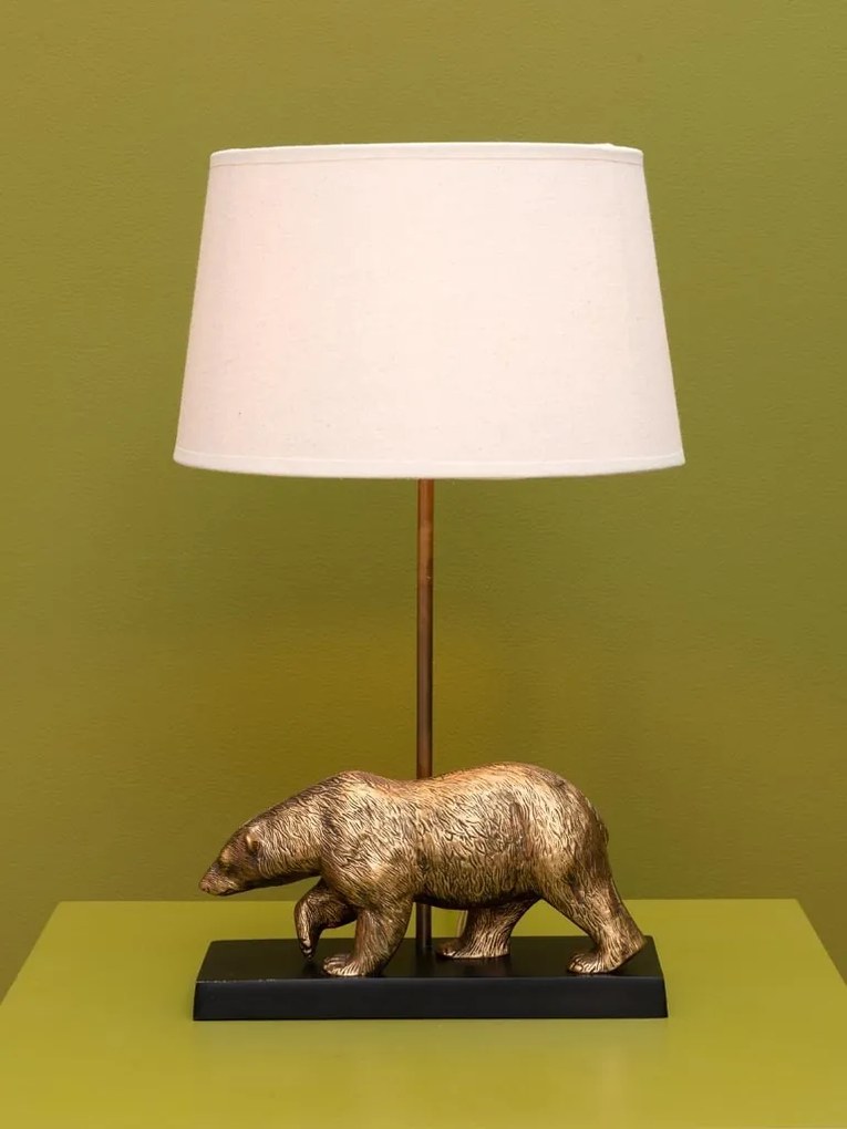 Lampă de masă din bumbac bej, cu structură din alamă și metal negru în formă de urs, finisaj vintage, 50×30 cm, „Fauve"