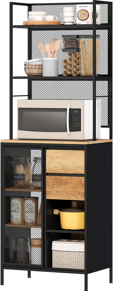 HOMCOM Bufet, dulap de bucătărie, blat de lucru, ușă glisantă, sertare și rafturi deschise, 60x40x180cm, lemn natural | Aosom Romania