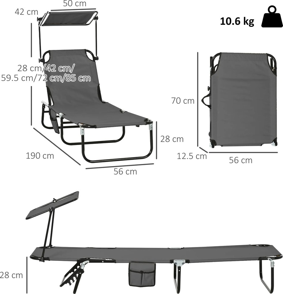 Outsunny Set 2 șezlonguri pliante cu parasolar, spătar reglabil în 5 trepte, Gri închis | Aosom Romania