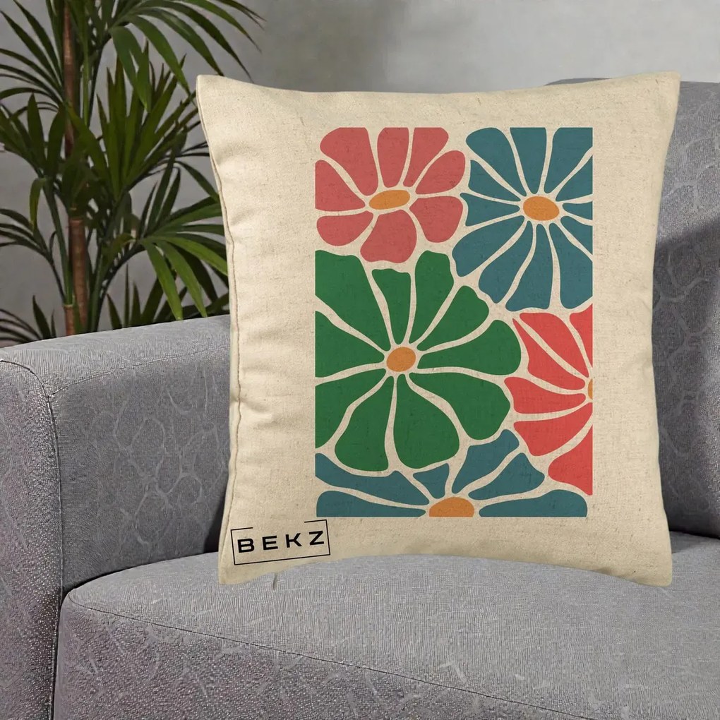 Perna Decorativa Flori Grafice Verde-Roz-Albastru, 40x40 cm, Bej, Husa Detasabila, Perna Inclusa, BEKZ®
