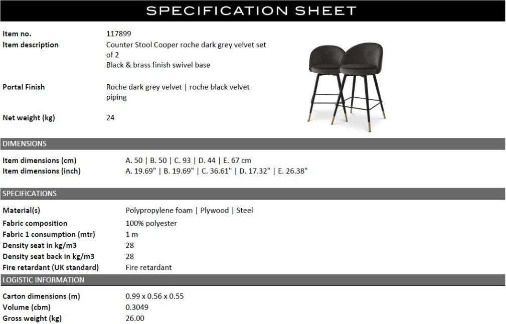 Set de 2 scaune de bar pivotante, design LUX, Counter Stool Cooper gri inchis