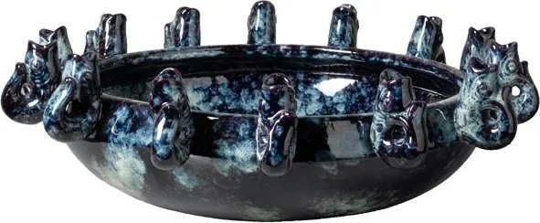 Bol decorativ din ceramică cu pești sculptați în relief, albastru, 10,5 × 42 cm, „Ecume"