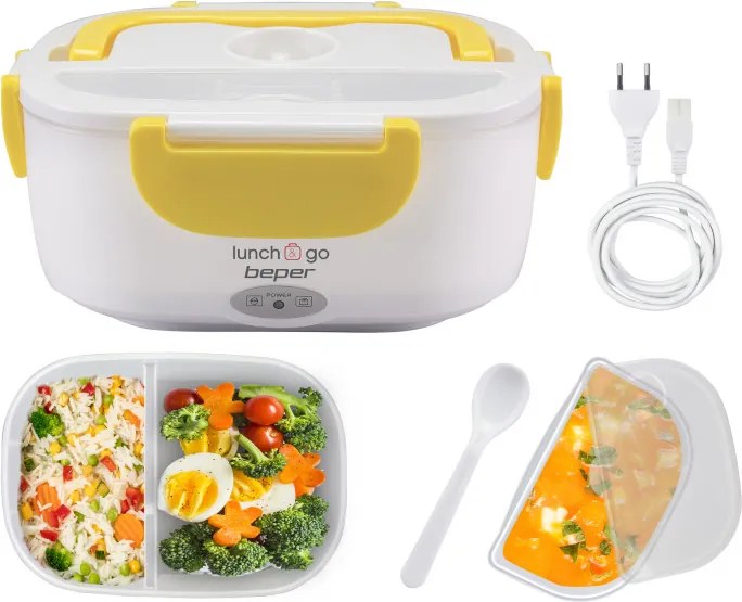 Cutie electrica pentru pranz Beper 90.920G, 40 W, 1 litru, Pana la 60°C, 2 compartimente detasabile, Indicator luminos, Alb/Galben