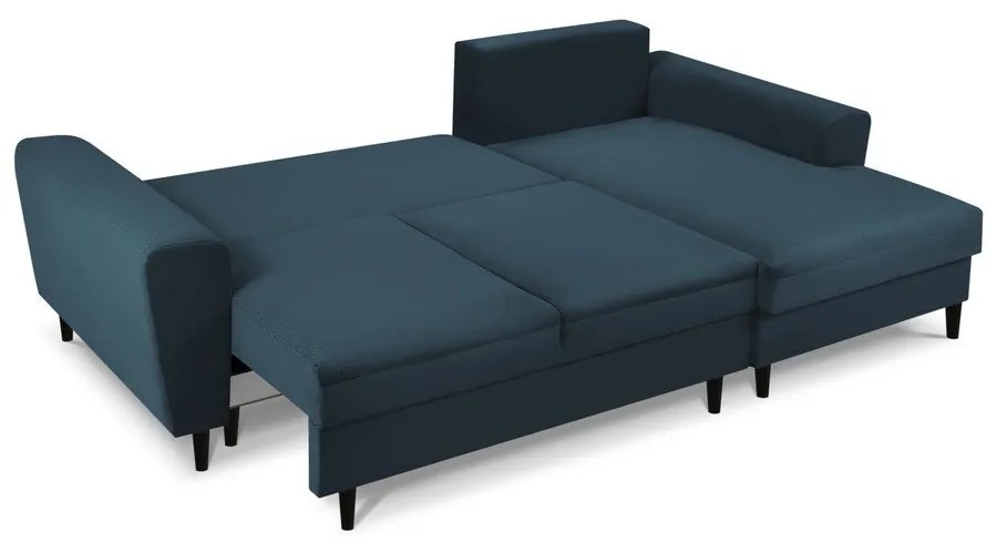 Colțar albastru închis extensibil, cu spațiu de depozitare cu tapițerie din catifea reiată (cu colț pe partea dreaptă, cu șezlong) Kyoto – Cosmopolitan Design