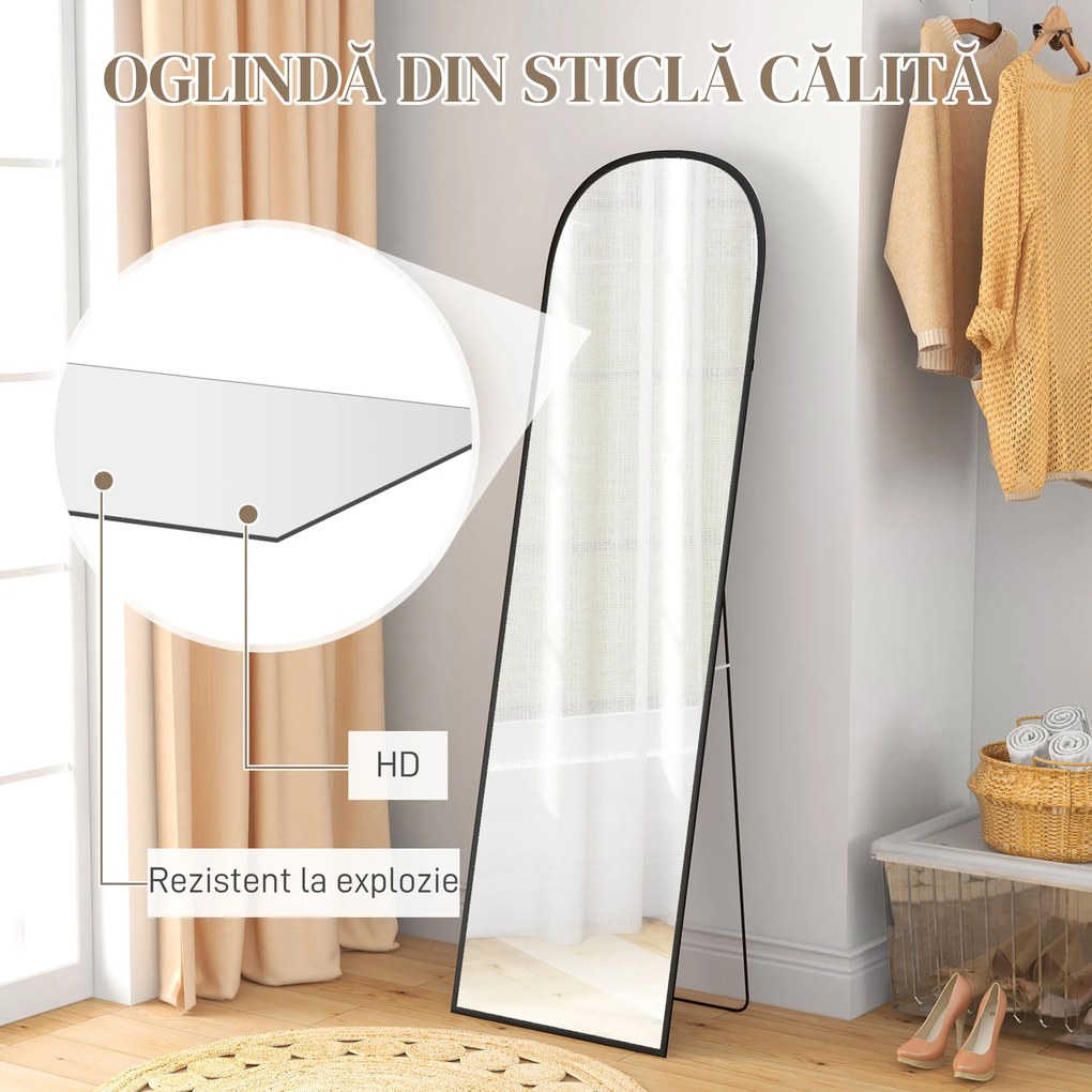 HOMCOM Oglindă de Podea și Perete Modernă din Aliaj de Aluminiu cu Suport Pliabil, 50x170 cm, Neagră | Aosom Romania