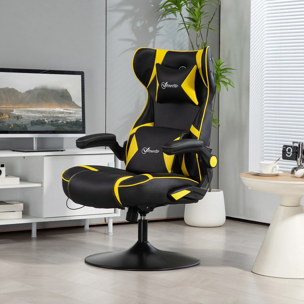 Vinsetto Scaun Gaming cu Funcție de Leagăn și Difuzor, Suport Lombar și pentru Gât, Piele Ecologică, Galben și Negru | Aosom Romania