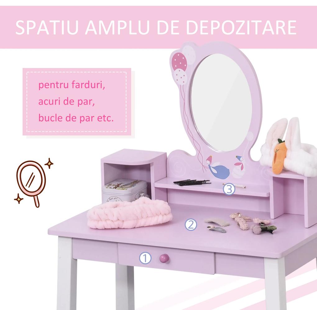 HOMCOM set masa de toaleta cu oglinda si scaun, masa de printese pentru copii, masa de machiaj | AOSOM RO