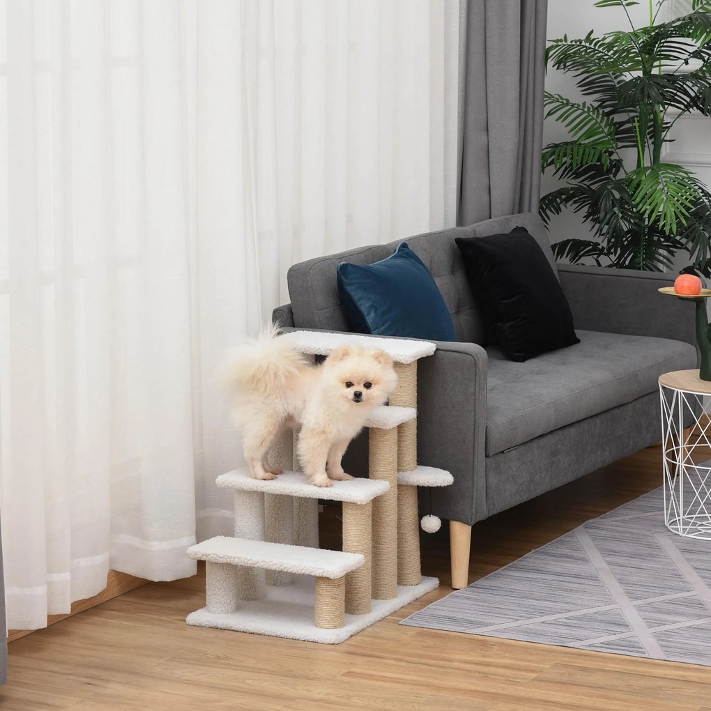 PawHut Scara pentru pisici cu 4 trepte, scara pentru animale de companie cu stâlpi de zgâriat, minge, scara pentru căței, scara pentru animale de companie pentru pisici de până la 5 kg, pluș și iută, alb, 60 x 40 x 64 cm | Aosom Romania