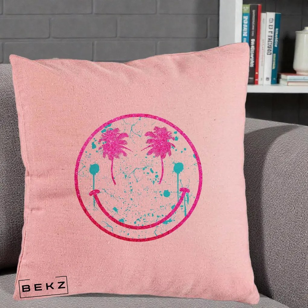 Perna Decorativa Smiley Face Tropical Glitter Roz, 40x40 cm, Roz, Husa Detasabila, Perna Inclusa, BEKZ®