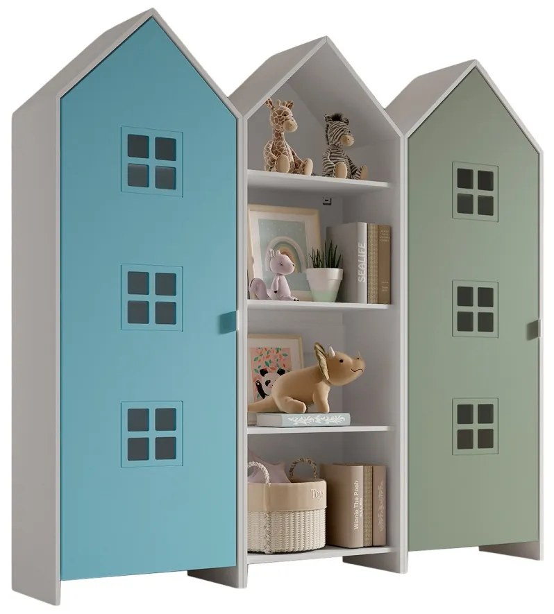 Set 3 dulapuri pentru copii Casami tip colibă de plajă – 1 deschis, 1 cu ușă Verde Intens și 1 cu ușă Albastru Ballet – Vipack