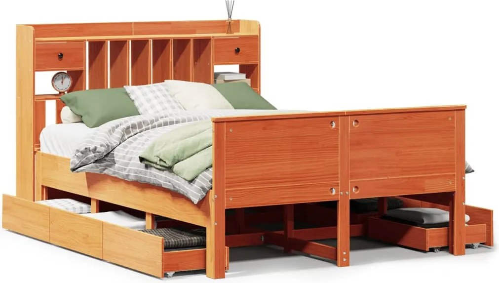 vidaXL Pat cu bibliotecă fără saltea maro 140x190 cm lemn masiv de pin