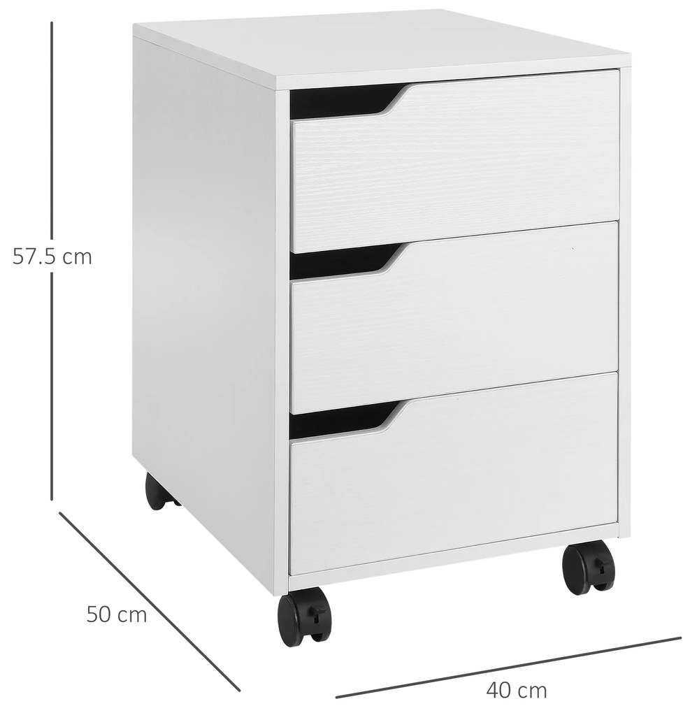 HOMCOM Dulăpior de Birou cu 3 Sertare, Mânere Ascunse, Dulăpior de Birou pe 4 Rotile, 40x50x57,5 cm, Alb | Aosom Romania