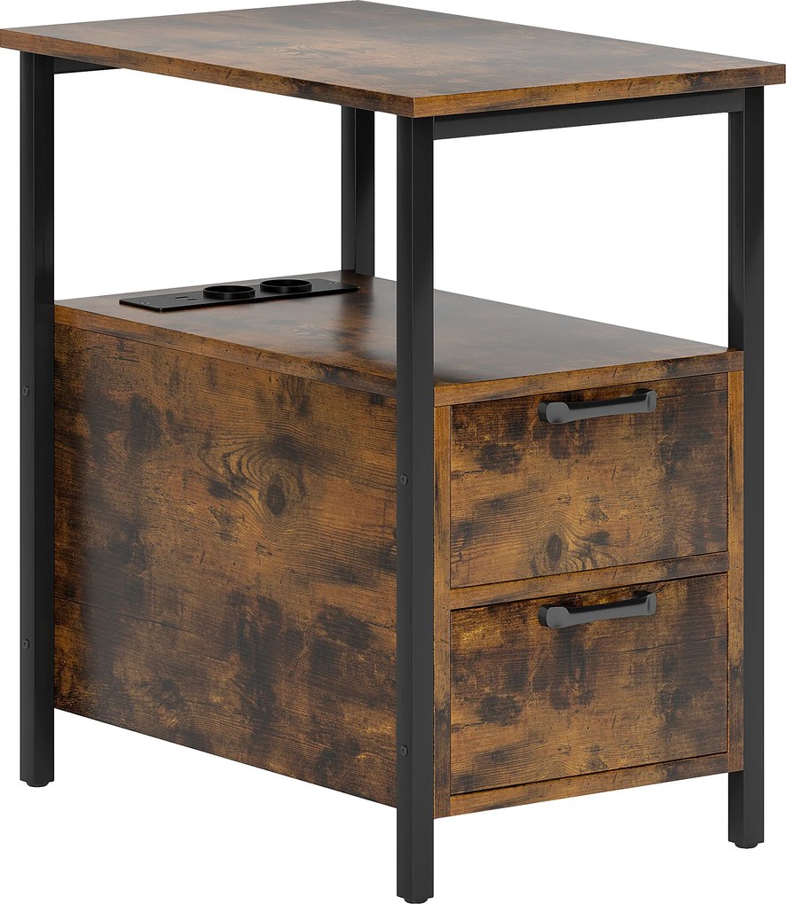 HOMCOM Măsuță laterală cu stație de încărcare, porturi USB, prize, 2 sertare și raft pentru living, dormitor | Aosom Romania