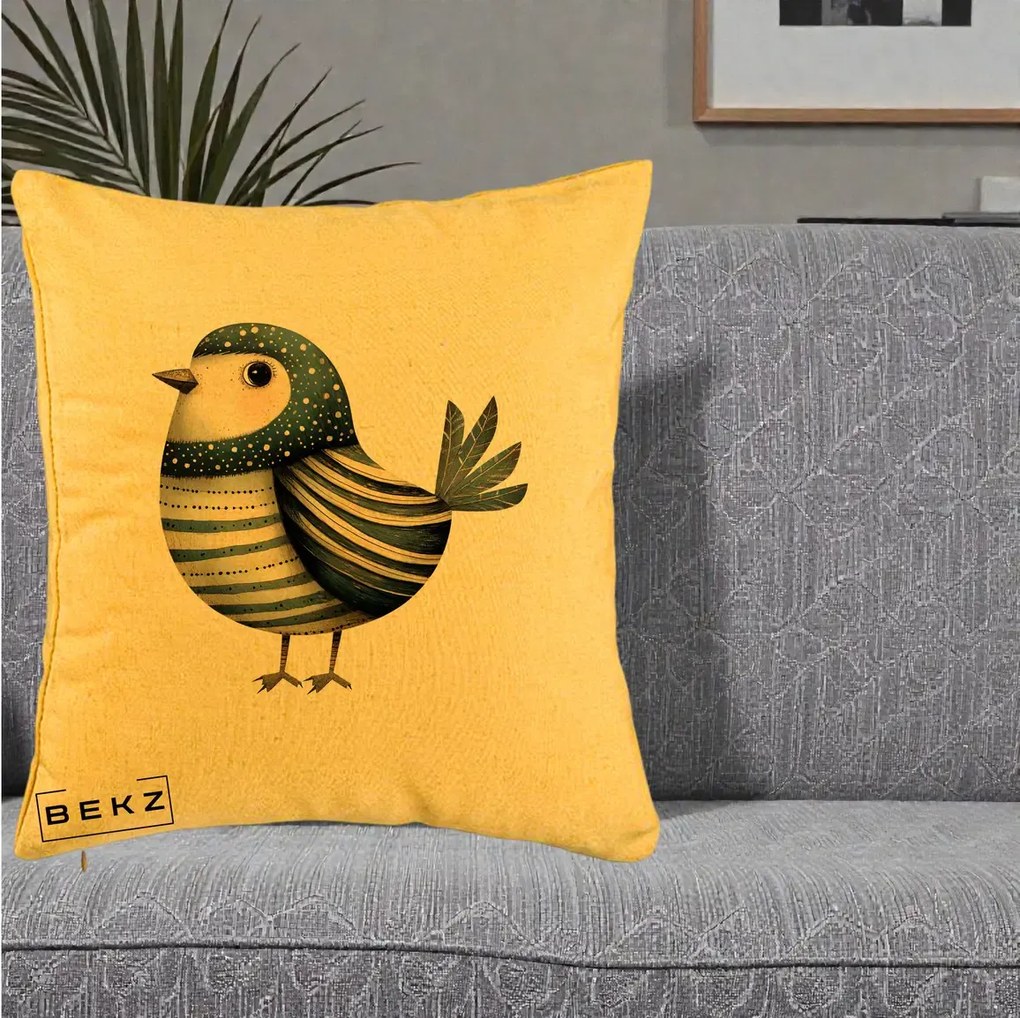 Perna Decorativa Pasare Teal Decorativa Dungata, 40x40 cm, Galben, Husa Detasabila, Perna Inclusa, BEKZ®
