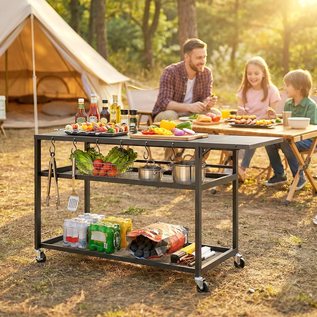 Outsunny Măsuță de grădină cărucior de grătar pe roți cu Blat Lateral Pliabil, Trei Rafturi, 133 x 48,5 x 82 cm, Negru | Aosom Romania