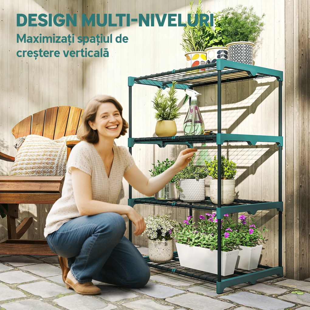 Outsunny Suport Vertical pentru Plante cu 4 Niveluri din Oțel și Plastic, Suport pentru Ghivece de Interior și Exterior, Grădină, Balcon, 67x49x105 cm, Verde Închis | Aosom Romania