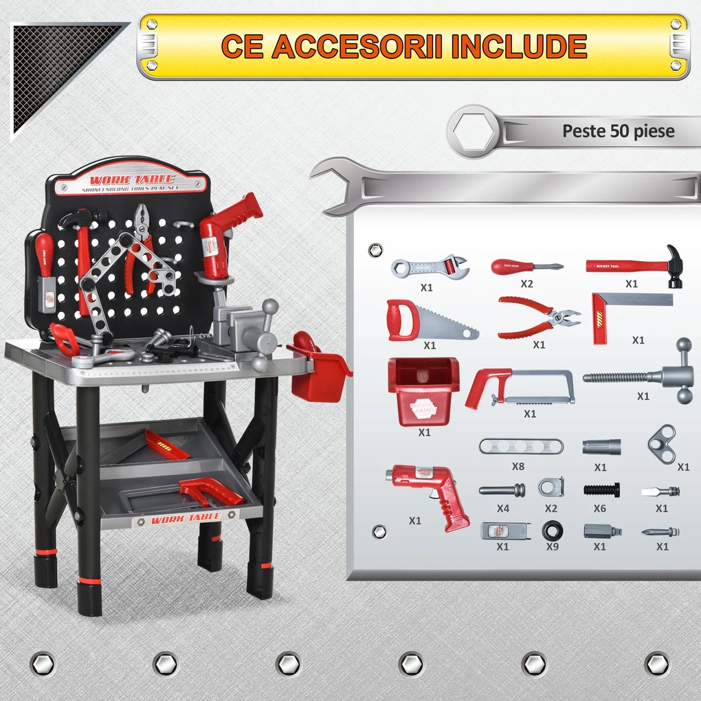 HOMCOM Banc de Lucru Jucarie cu 50 Accesorii, Unelte pentru Copii 3-6 Ani cu Bormasina cu Baterie, Negru Gri