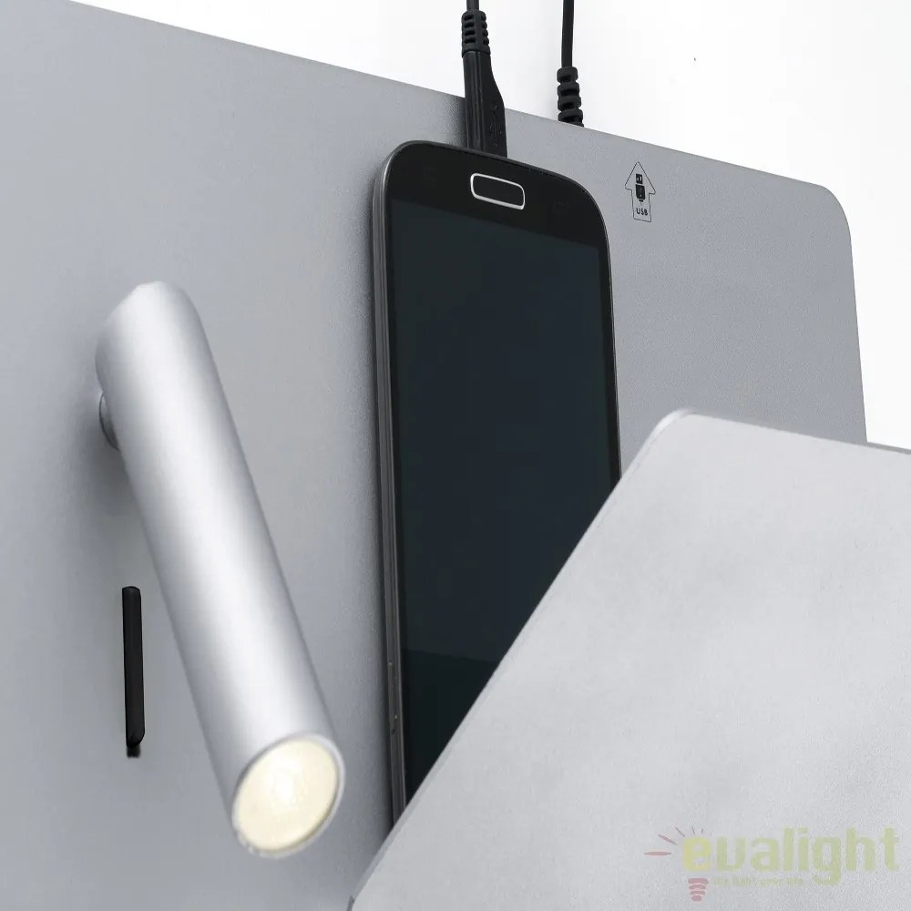 Aplica de perete ultra moderna / Lampa cu reader LED SUAU USB gri dormitor dreapta 62123