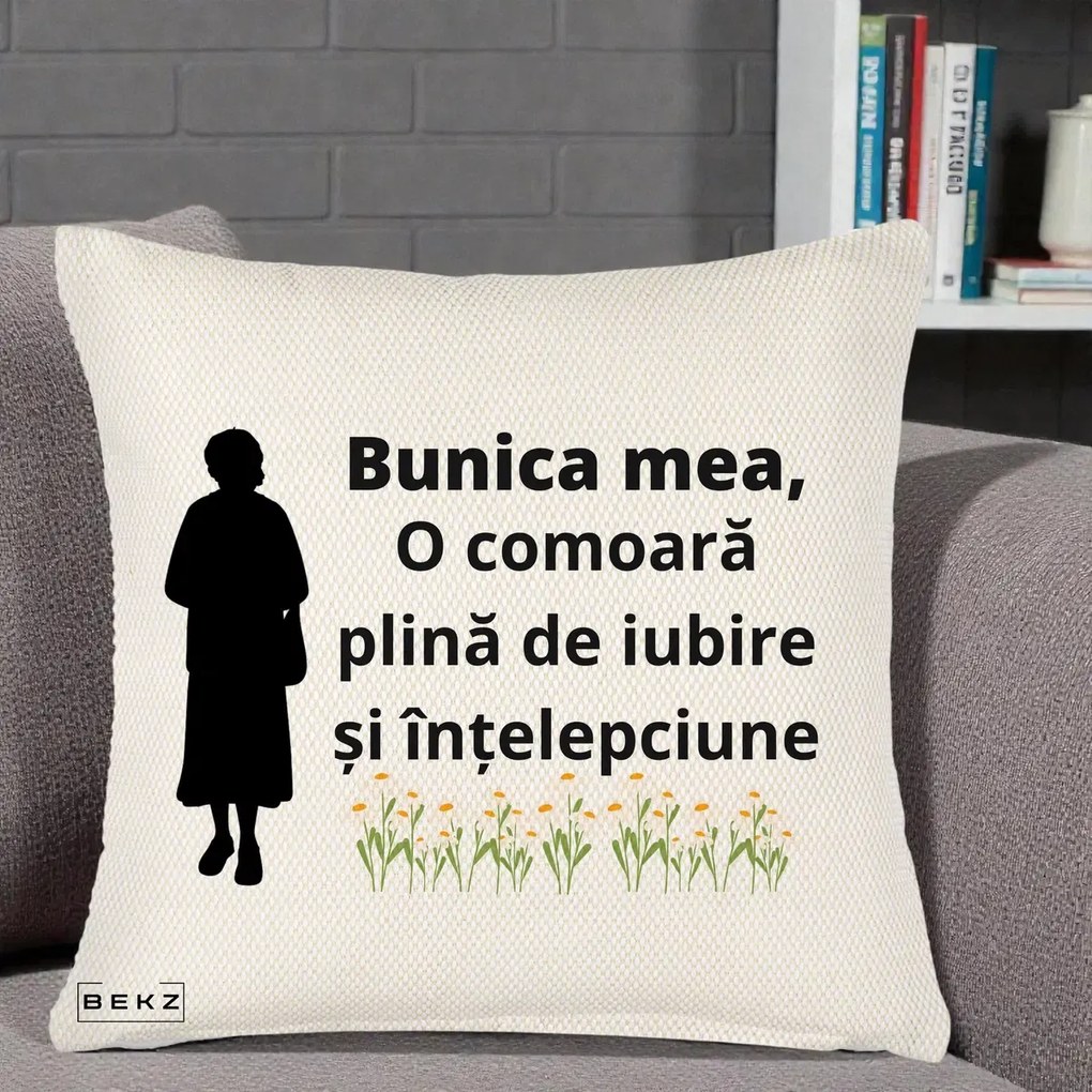 Cadou pentru Bunica - Perna Personalizata Bunica Mea Comoara Iubire Intelepciune Silueta cu Nepoata, 40x40 cm, Crem Reliefat, Husa Detasabila, Perna Inclusa, BEKZ®