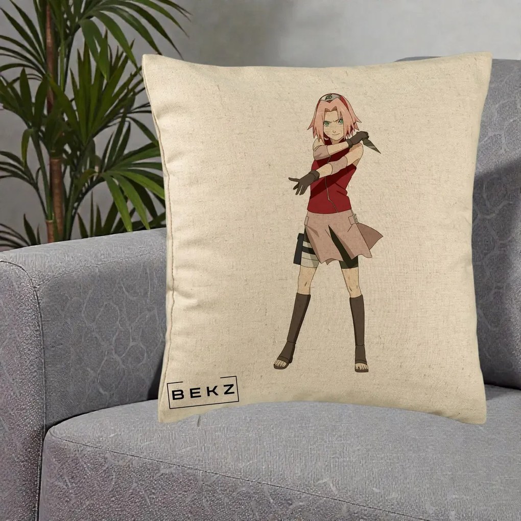 Perna Personalizata Naruto Sakura Haruno Portret, 40x40 cm, Bej, Husa Detasabila, Perna Inclusa, BEKZ®