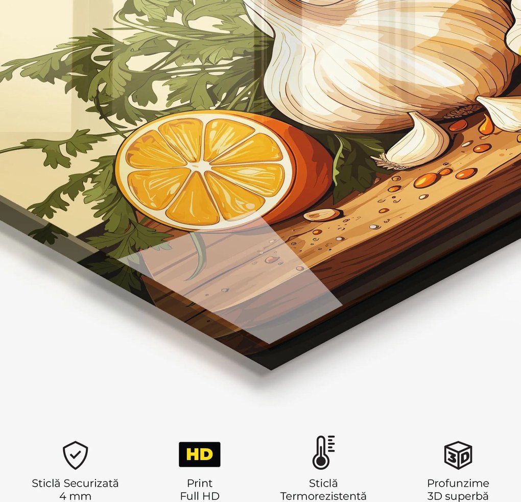 Panou Sticla Bucatarie, 60x150cm, Protectie aragaz, Antistropi, Termorezistent, Alimente, Condimente, Garlic Lemon